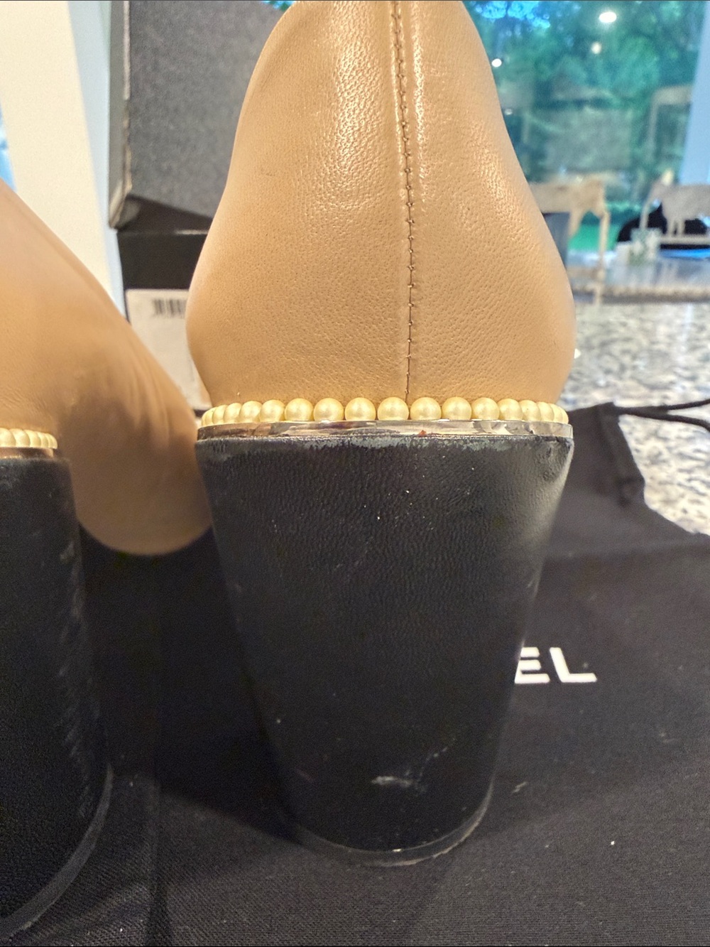 CHANEL Two-Tone Beige Leather Pumps with Black Quilted Cap Toe - Picture 9 of 15